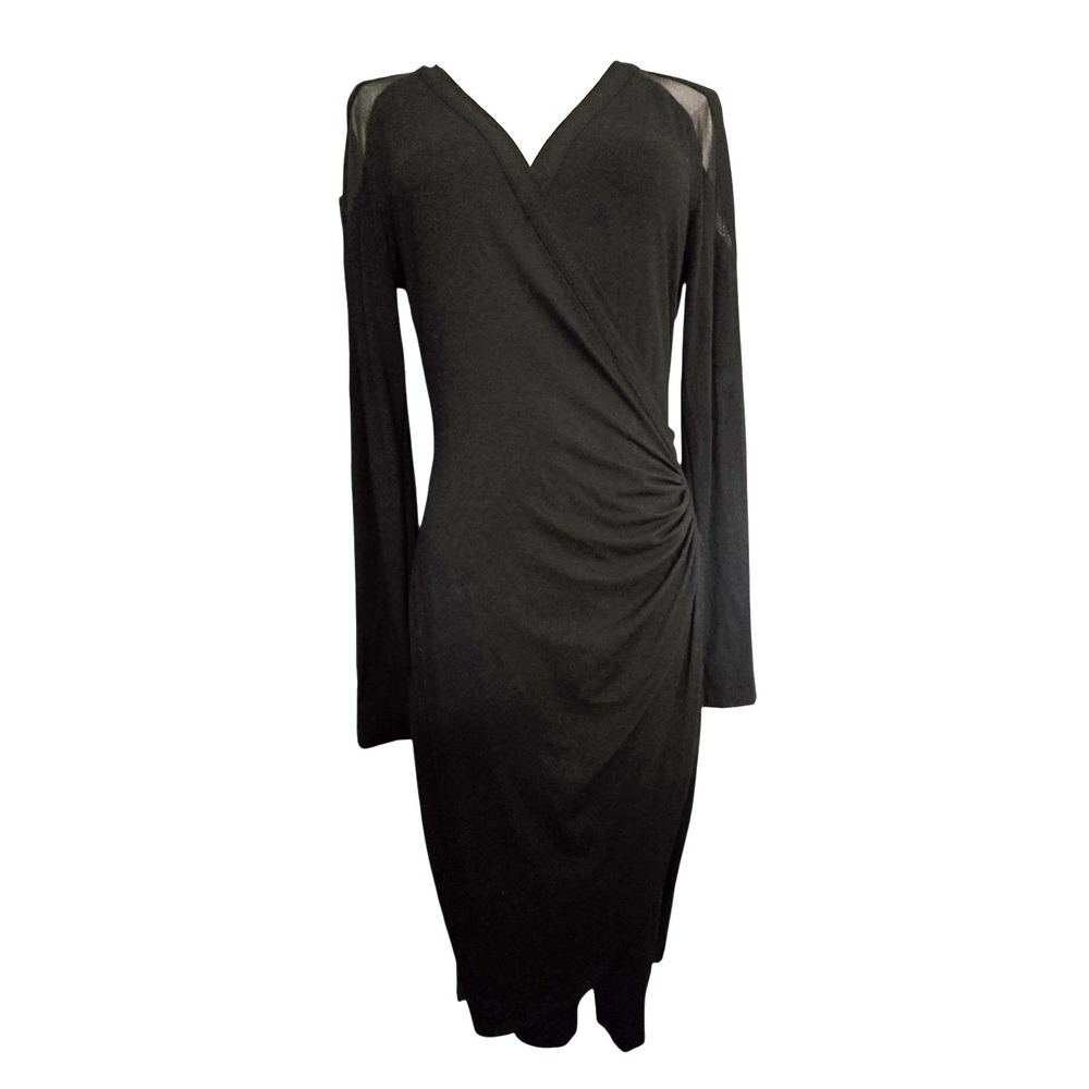 Vintage Cache Y2K Faux Wrap Dress Sheer Shoulder Cutout Slinky Black M